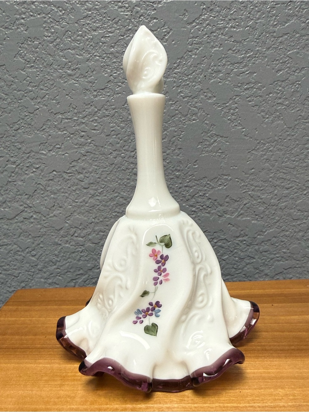Fenton White Milk Glass Bell Purple-Trim Floral Accents - Picture 1 of 9